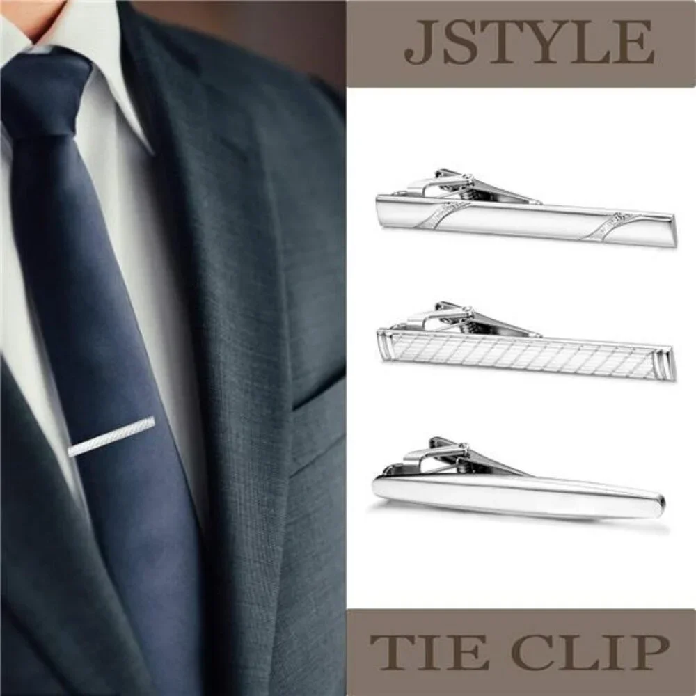 set of 3 silver tie clips stainless steel for men business wedding formal attire